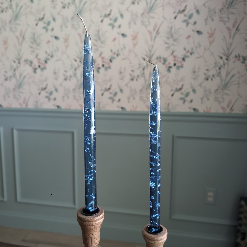 2 Vintage Blue Lucite Taper Candles Silver Metallic Flake Translucent 12" MCM 60 - Picture 6 of 6